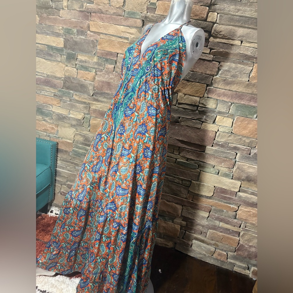 Double Decker Floral Paisley Silk Maxi Dress - Bohemian Halter Sundress Sz M